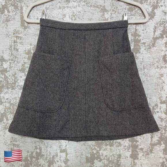 Talula Wool Herringbone Patch Pocket A-Line Mini Skirt - Picture 1 of 4